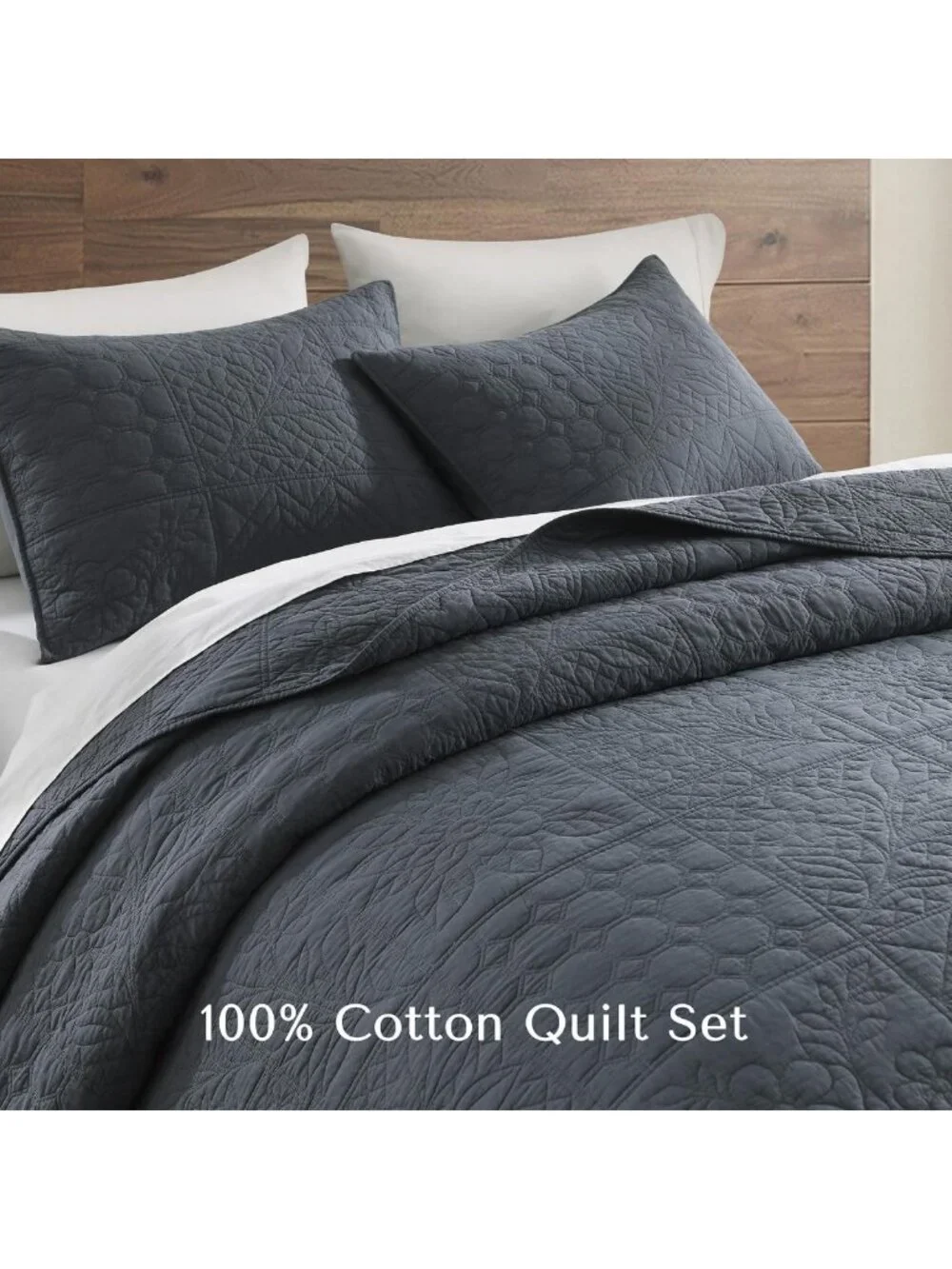100% Cotton King Quilt Set - Steel Blue Patchwork Farmhouse Bedding, Soft